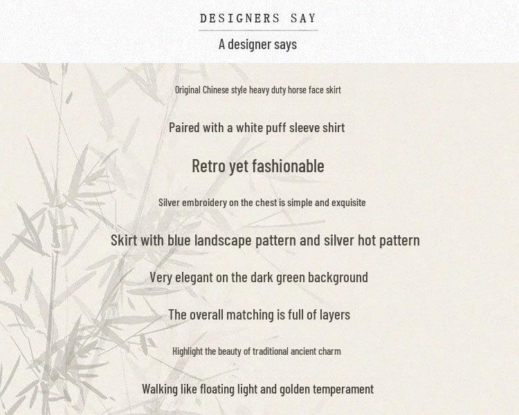 Вышитый китайский стиль Ханьфу: Комплект из топа с короткими рукавами и юбки с градиентным темно-зеленым принтом Horse-Face