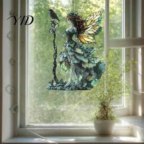 Colorful Light Catchers Stained Glass Style Skeleton Fairy Window Hanging Suncatcher, Acrylic Decorative Ornament with Butterfly Wings Decorations for