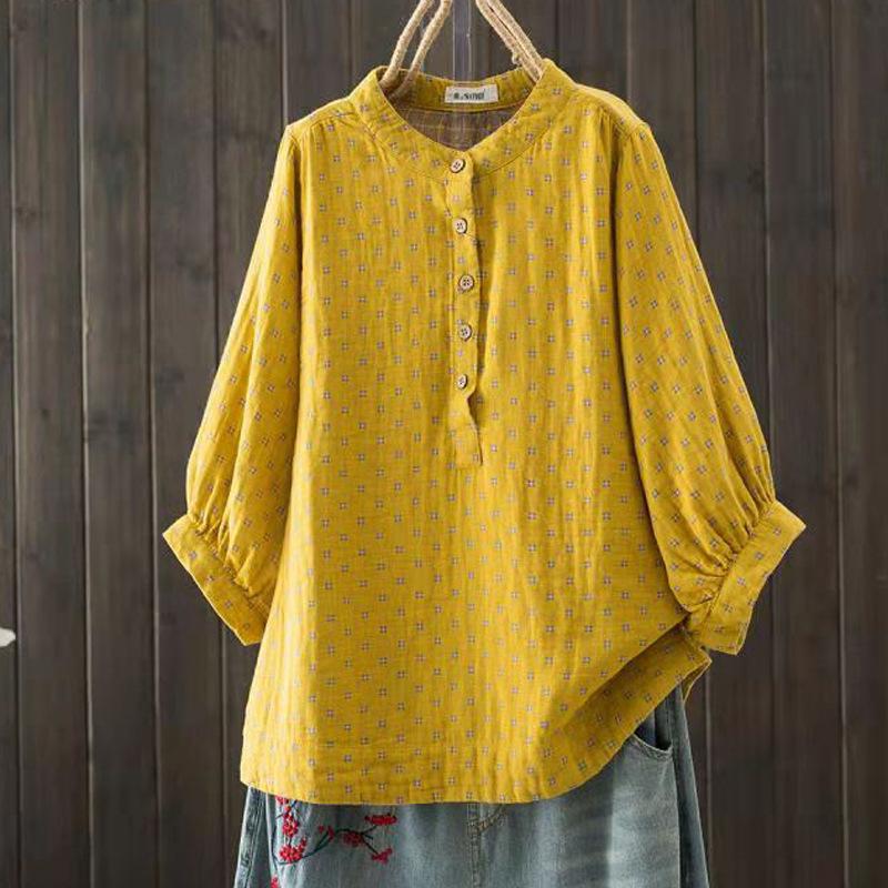 Весенняя хлопковая пряжа ретро рубашка женская стойка воротник принт блузка девушка короткий рукав повседневный модный топ лето