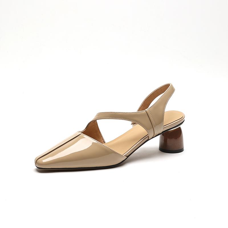 New Summer Women Sandals Patent Leather Shoes for Women Square Toe Chunky Heel Shoes Elegant Cover Toe Slingback Hollow Sandals