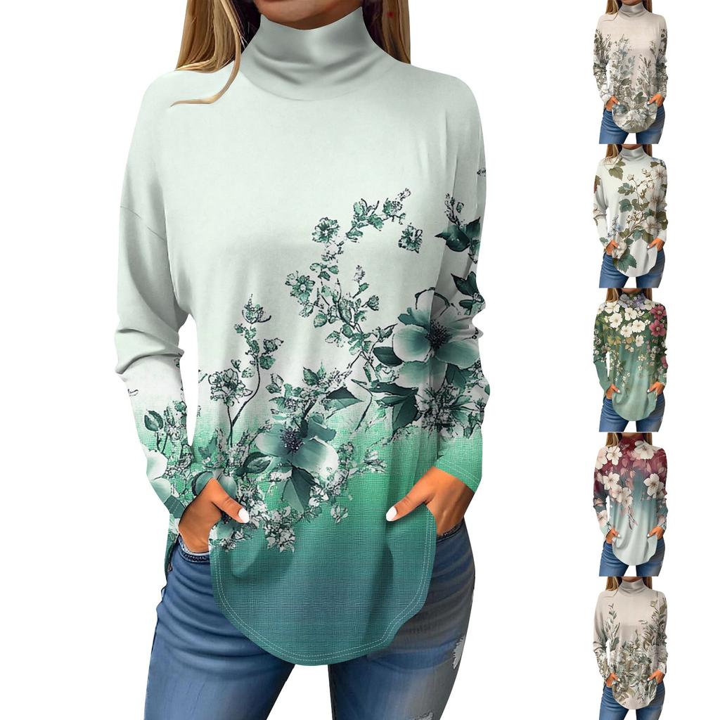 Women's Fashionable Casual High Neck Printed Long Sleeve T-Shirt Pullover Top