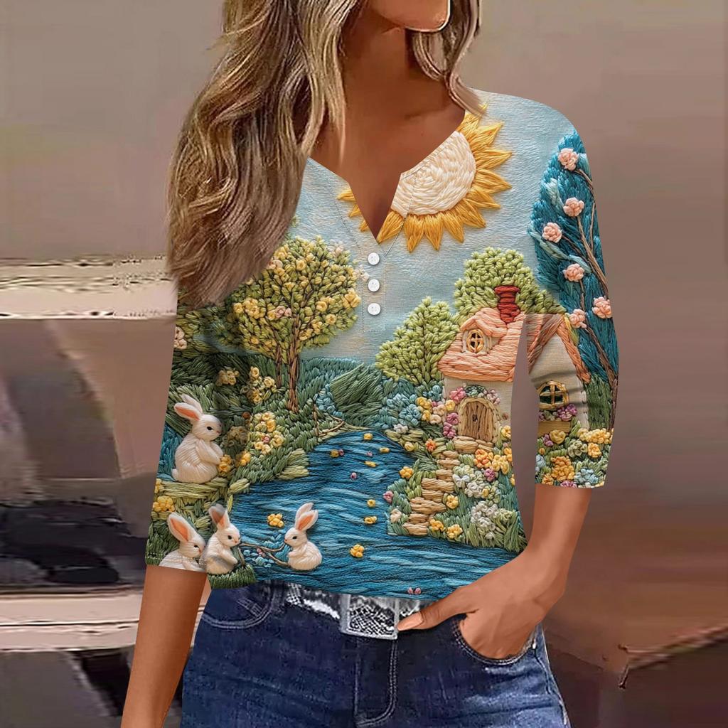 Жен. Футболка Футболка С принтом Пуговицы Рукав 3/4 Повседневные Выходные Мода Классический V-образный вырез Обычный Топ