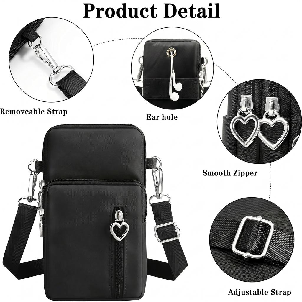 Waterproof Nylon Mini Crossbody Phone Bag for Women Heart Metal Zipper Multi Compartment Shoulder Arm Bag Phone Purse Wallet
