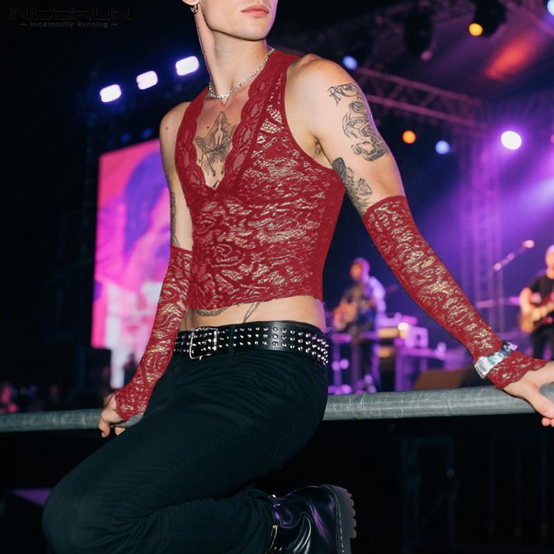 INCERUN Мужские топы-майки с V-образным вырезом, кружевные, прозрачные, для вечеринок и клубов