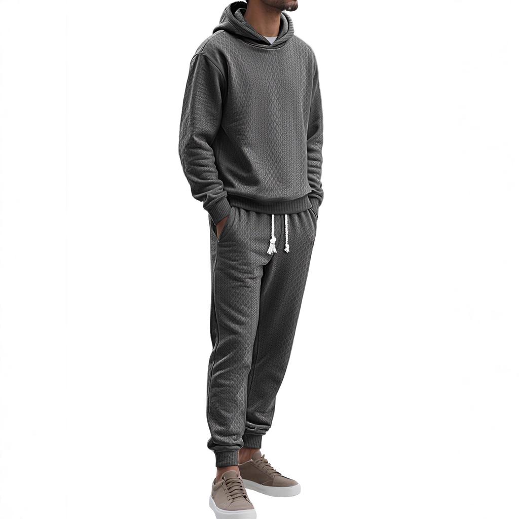 Men's Spring Autumn Jacquard Hoodie Set Loose Casual Sports Long Sleeve Pants Plus Size Two Piece