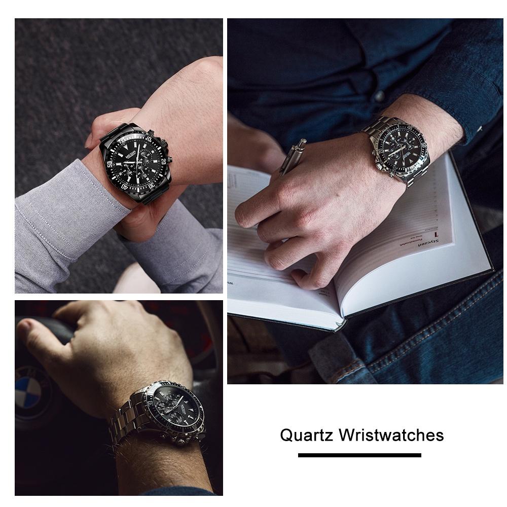 Мужские кварцевые часы с хронографом из нержавеющей стали, водонепроницаемые, светящиеся аналоговые 24-часовые наручные часы для мужчин, зеленый циферблат