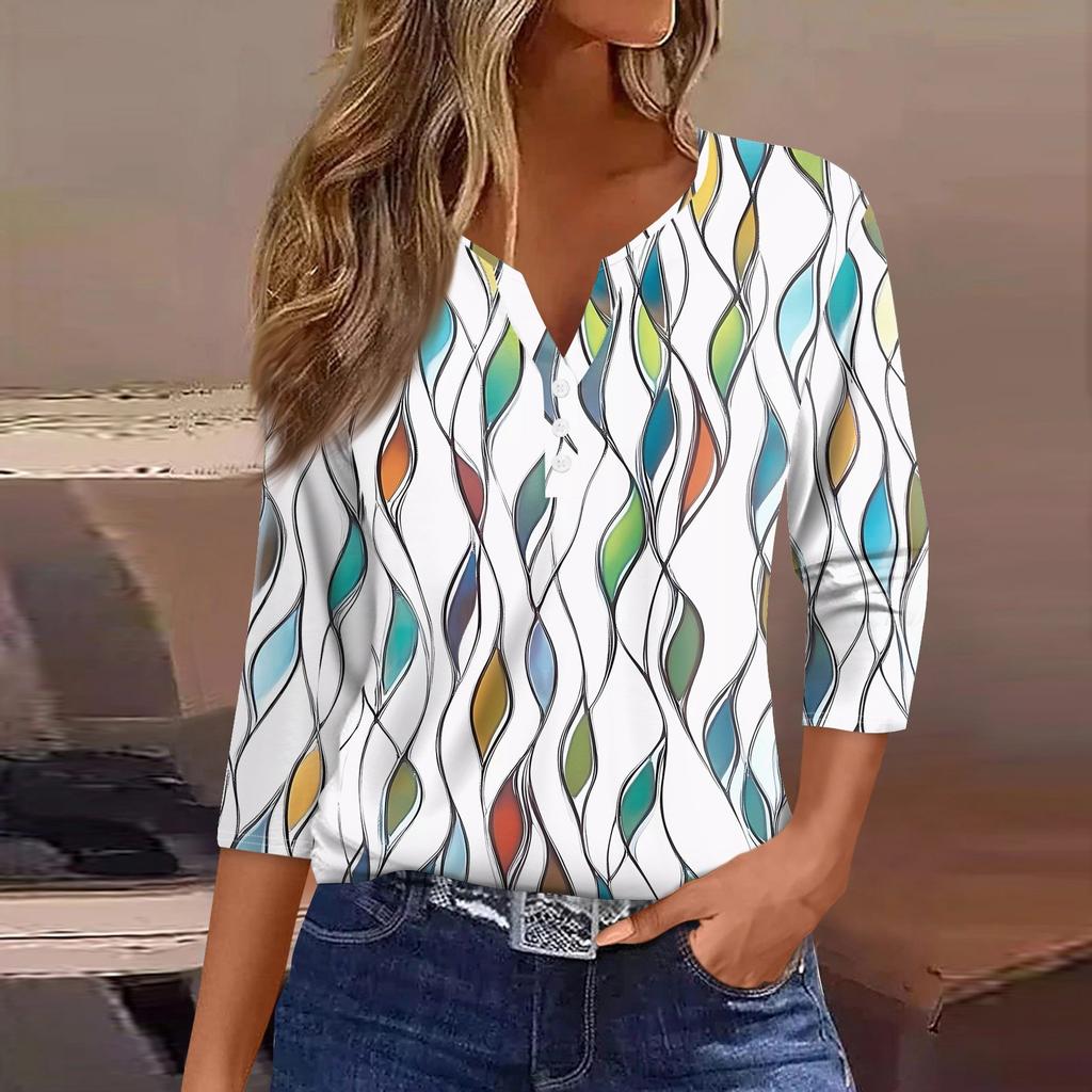 Жен. Футболка С принтом Пуговицы Рукав 3/4 Повседневные Выходные Мода Классический Классический V-образный вырез Обычный Верх