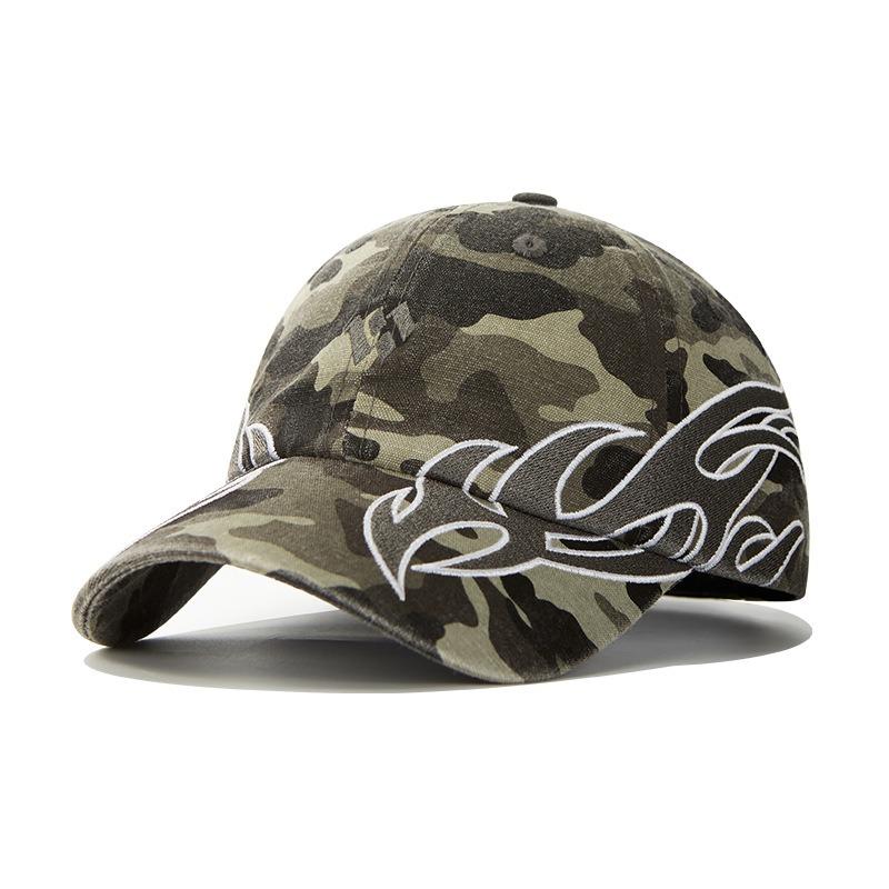 Street Trendy Brand Big Head Circumference Baseball Cap Contrasting Color Flame Splicing Washed Embroidery Hip Hop Sunshade Cap