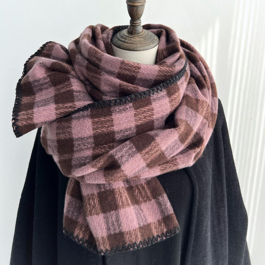 Retro Green Plaid Scarf Women's New Winter Warm Korean Style Student Shawl Dual Purpose Pink Scarf