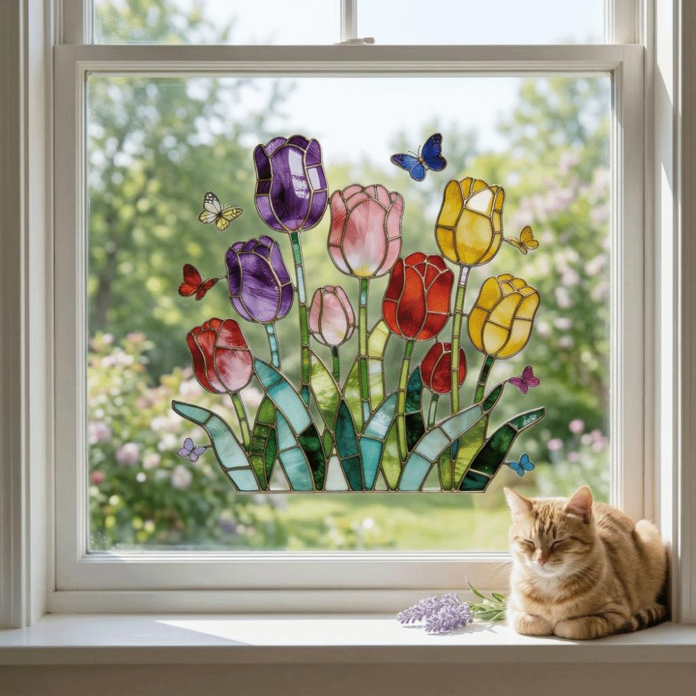 Removable Tulip Glass Stickers Self-adhesive Butterfly Wall Stickers Tulip Window Decals Window