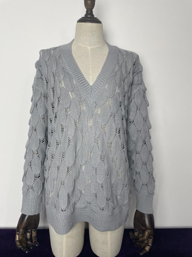 European & American Winter V-neck Hollow Feather Knit Sweater for Women
