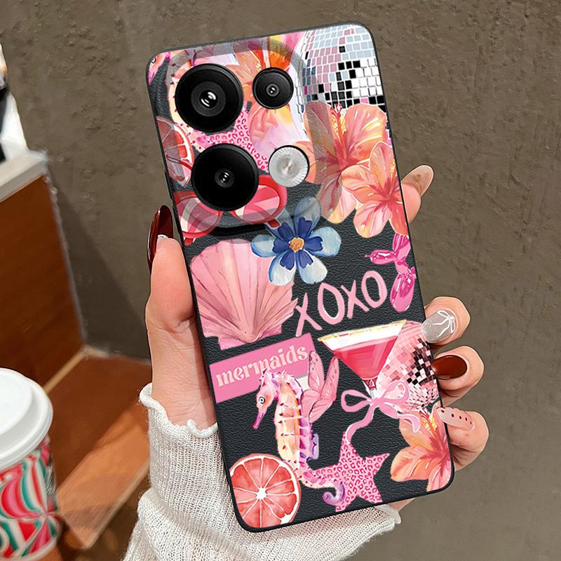 Розовый Чехол с Мультяшным Цветочным Рисунком для Xiaomi Redmi Note 14 13 Pro 5G 4G 12 11 Funda Xiaomi 14T 13T 11T Pro Силиконовая Крышка с Текстурой Кожи