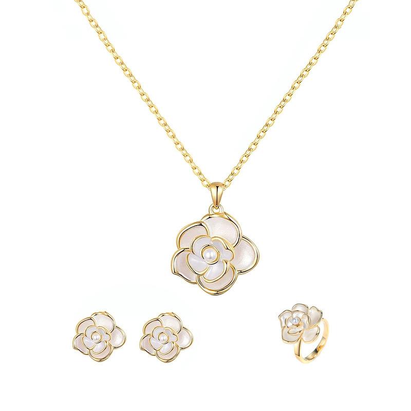 Pearl jewelry set, brand new flower three-piece ring pendant, small fresh and elegant women's jewelry women