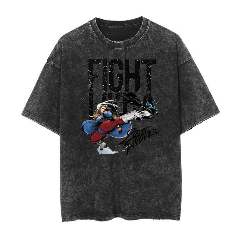 2026 Summer Street Fighter Japanese-style Vintage Washed Retro Batik Arcade Print Number Short-sleeved T-shirt