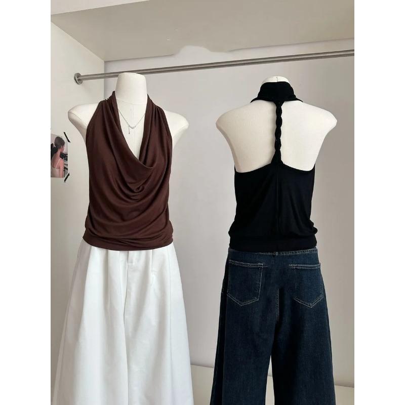 Топ из чистого хлопка с воротником-качели и халтером для женщин, летний, новый дизайн, модный, облегающий