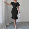 Женское модное однотонное платье с круглым вырезом и короткими рукавами, с оборками, сексуальное, элегантное, с рыбьим хвостом