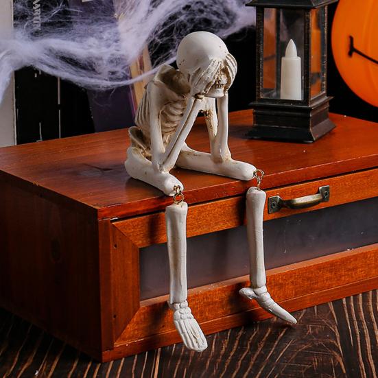 Halloween Skeleton Statue Resin See Speak Hear No Evil Skeleton Figurine with Dangling Legs for Indoor Mantel Table Shelf Decor