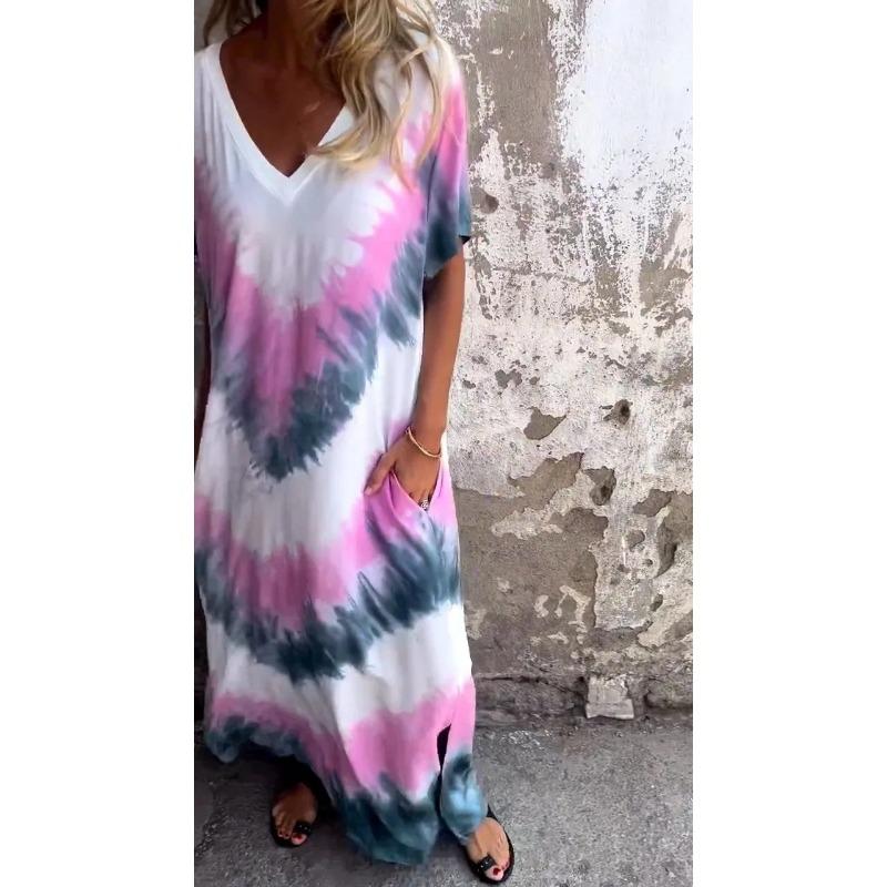 YYFS Women's Fashion Summer Spring Colour Block Print Short Sleeve V-Neck Loose Waistline Casual Dresses