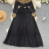 Temperament Robe Femme Maxi Dresses for Women Long Sleeve O-neck Sequin Slim Waist Vintage Pleated Dress 2025 Vestidos De Mujer
