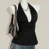 Deep V Neck Lace-up Dots Camisole Sleeveless Halter Ruffle Vest Hanging Neck Top  Summer