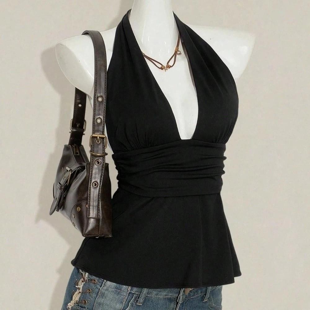 Deep V Neck Lace-up Dots Camisole Sleeveless Halter Ruffle Vest Hanging Neck Top Summer