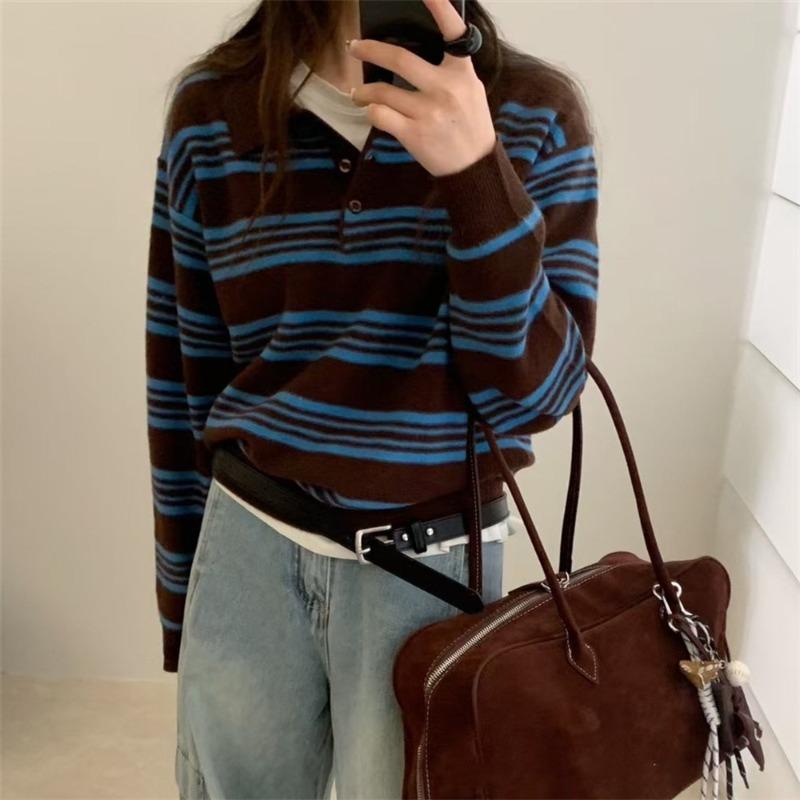 College Style Color Matching Striped Long-sleeved Knitted Sweater Autumn and Winter New Loose and Thin Casual Collar Pullover Sweater Women