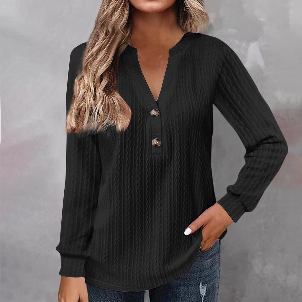 Women's Fashion Long Sleeve Solid Colour V-Neck Button T-Shirt Printed Casual Top
