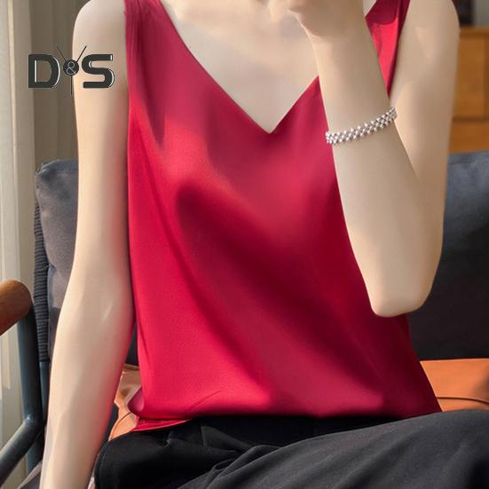 Женский жилет с V-образным вырезом без рукавов, однотонные топы свободного кроя из гладкого атласа, универсальная повседневная одежда