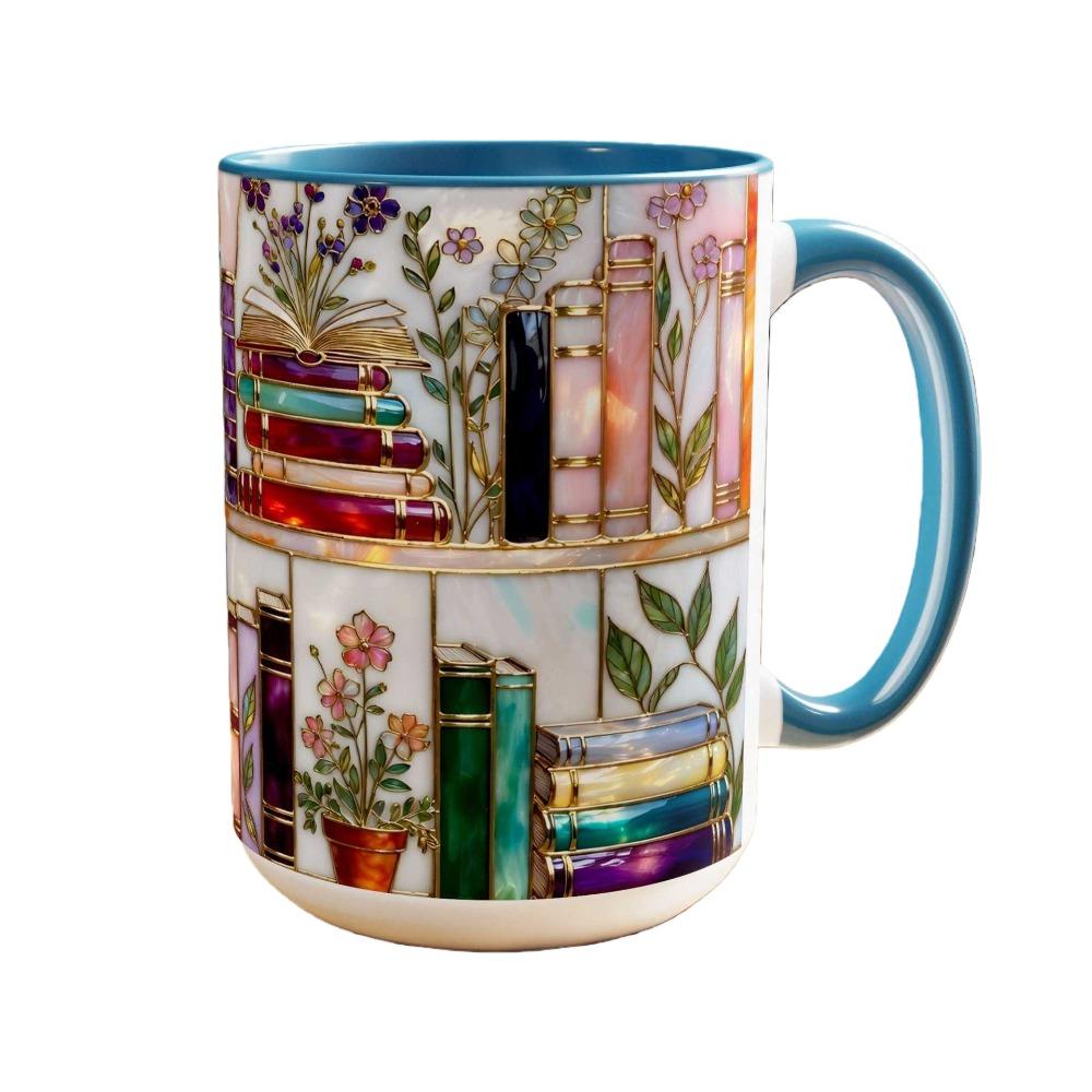 Bookshelf Pattern Flower Ceramic Milk Cup Fun Bookworm Gift Bronzing Colored Glaze Floral Ceramic Coffee Mug Nordic Pink Blue