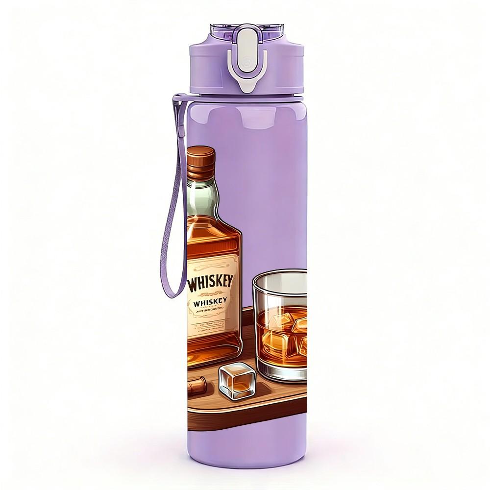 1PC Whiskey Bottle Glass Retro Print 750ml Color Plastic Sports Water Bottle Leakproof Flip Straw Lid Suitable for Sports Office Home Use
