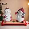 Christmas Snowman Figurines 2Pcs Figurine, Cute Tabletop Decor, Resin Snow Statue with Tree Ornaments Knit Hat Scarf for Home Mantel Window