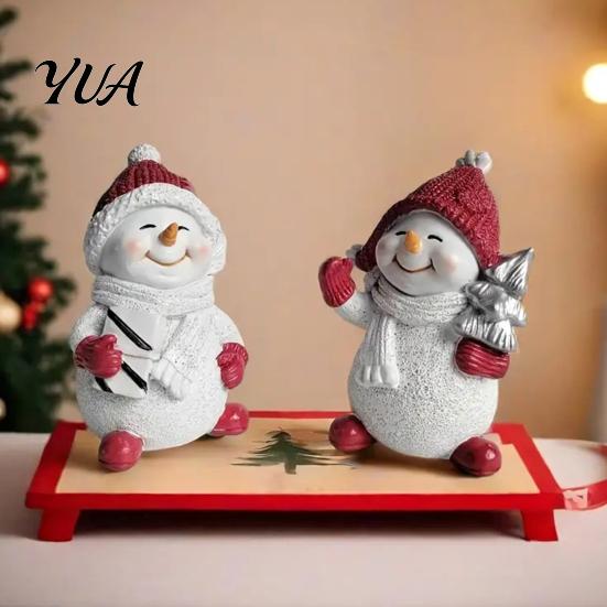 Christmas Snowman Figurines 2Pcs Figurine, Cute Tabletop Decor, Resin Snow Statue with Tree Ornaments Knit Hat Scarf for Home Mantel Window