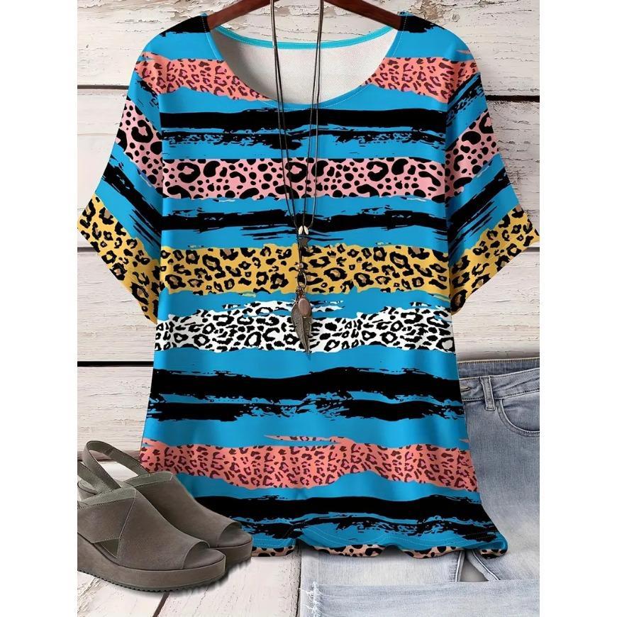 Плюс размер Лето Новый Модный Свободный 3D Печатный Полосатый Топ Для Похудения Футболка С Короткими Рукавами