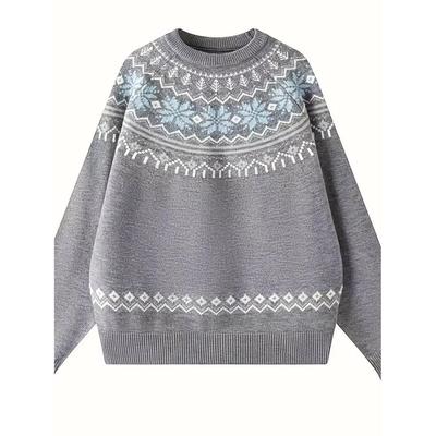 Ретро жаккардовый круглый вырез свитер Fair Isle - Свободный крой для пар, осенне-зимний повседневный базовый слой