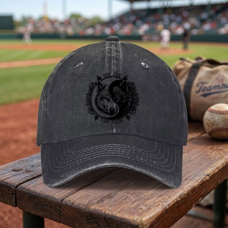 YinYang Wolf Washed Baseball Cap Adjustable Buckle Lightweight Breathable Unisex Cap for Daily Use Travel Gifts