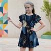 Girls Round Neck Flutter Sleeve A Line Dark Blue Printed Dress