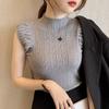 Turtleneck Sleeveless Top Women's Vest Knitted Sweater Spring Summer Outer Wear Slim Elastic Slim Fit Inner Wear Base Layer...