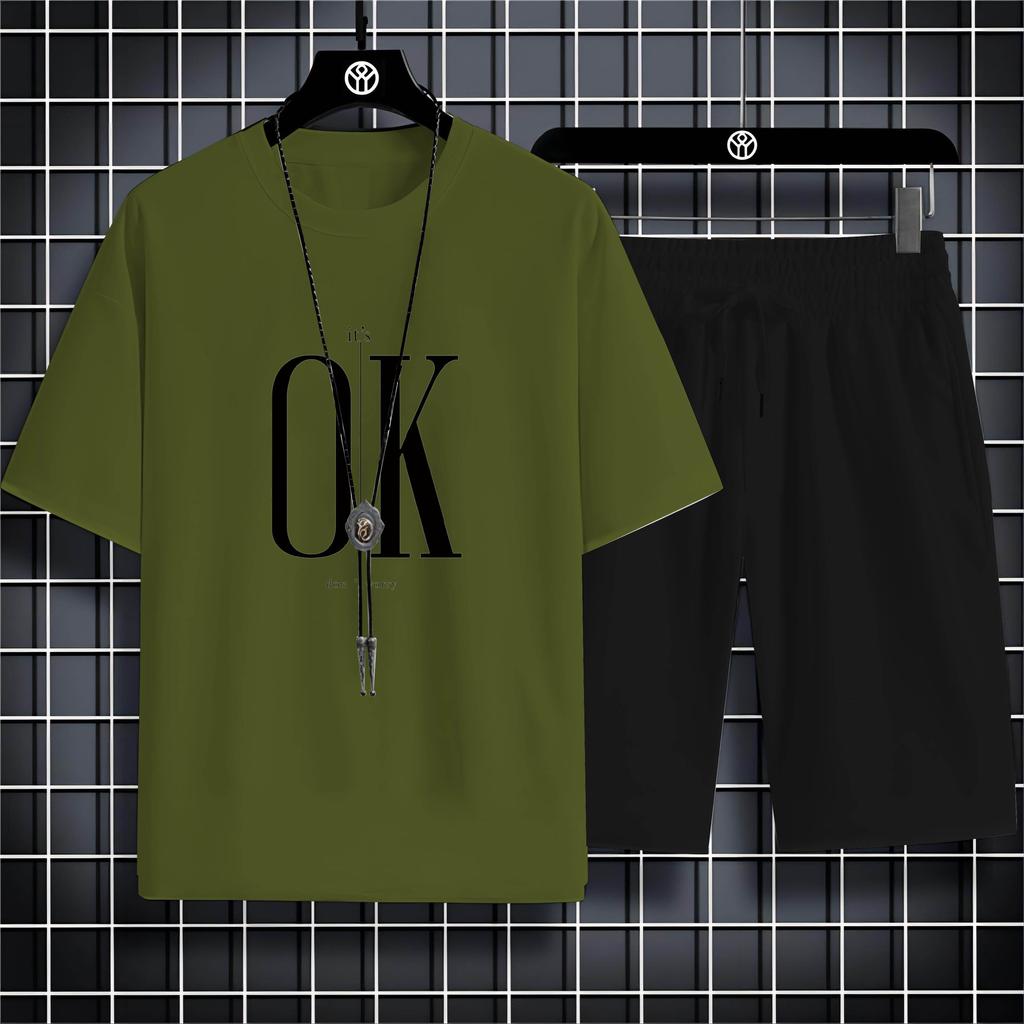 Four Seasons New Outdoor Sports Style 2d Letter Ok Printed Men'S O-Collar Comfortable Breathable Casual T-Shirt Set Quick Drying