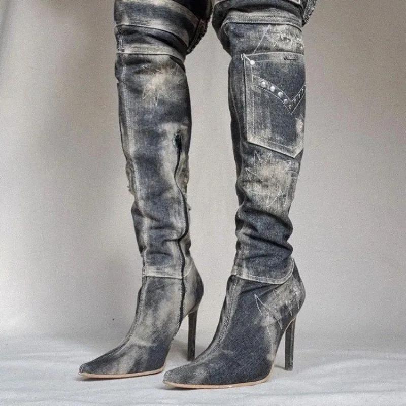 Мода 2024 года, высококачественная женская обувь, женские сапоги на молнии, модные современные сапоги с заклепками, женские сексуальные сапоги с острым носком до колена, Zapatos Mujer