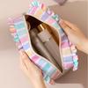 Colorful Striped Cosmetic Bag Ruffle Decoration Striped Makeup Organizer  Bathroom Storage
