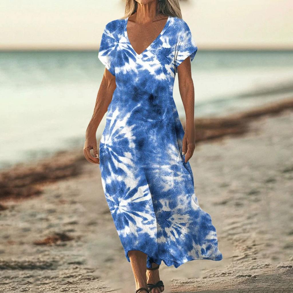Fashion Women's Summer V-neck Short Sleeve Tie- Retro Print Beach Dress