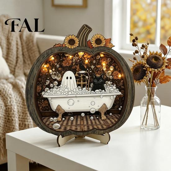 Whimsical Ghost Book Nook Halloween Wooden Tabletop Ornament, 2D Flat Cute Reading Bathing Fall Harvest Home Decoration Watering Plaque with Stand for
