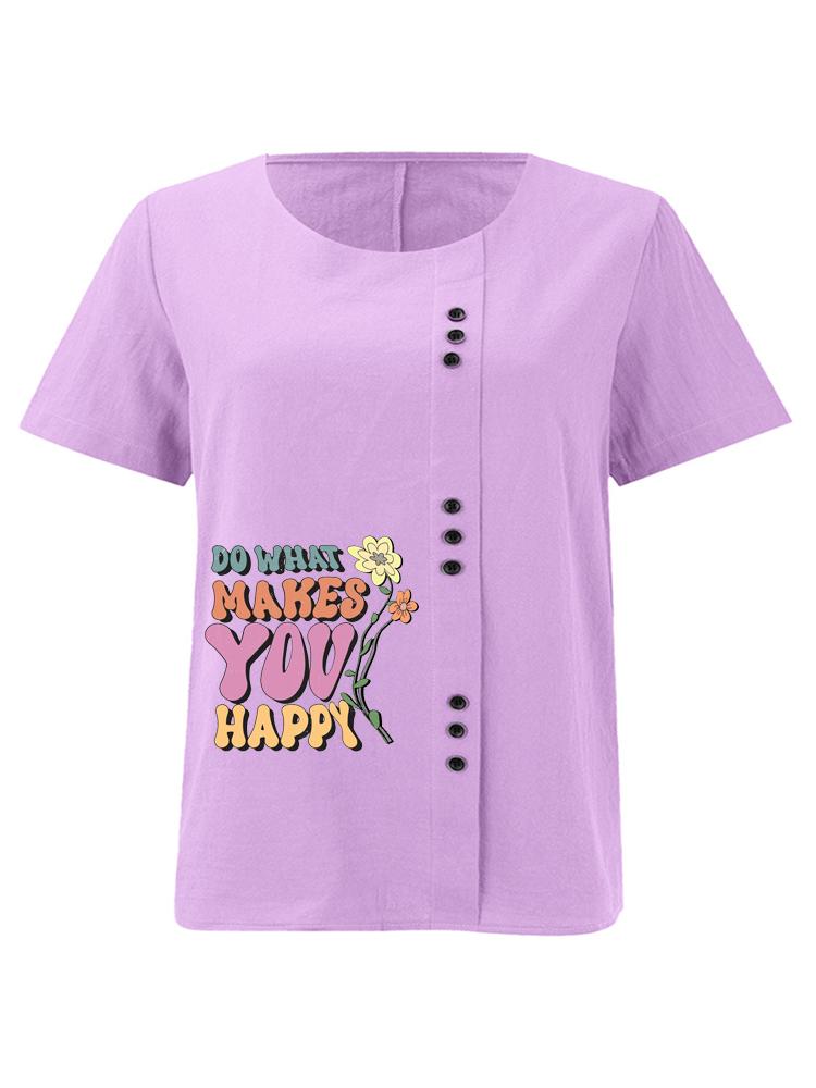 Women's Fashion Floral Alphabet Print Casual Cotton Linen Short Sleeve Round Neck T-shirt Shirt Leisure Loose Summer Blouse Tops