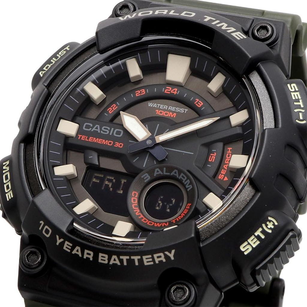 Casio World Time Quartz Wristwatch with Black Inverted LCD and Military Green Overseas Model AEQ-110W-3AV Men's Analog-Digital Display, [Used]
