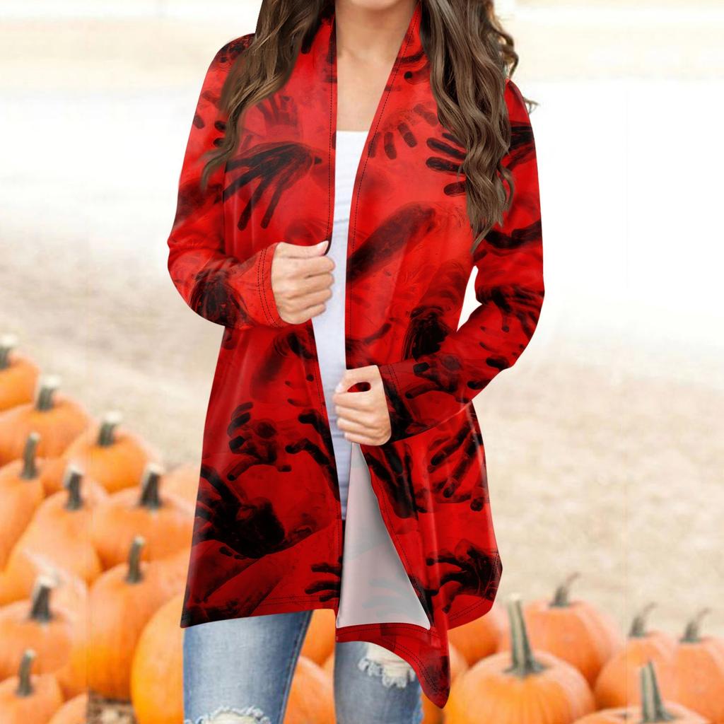 Женский модный повседневный кардиган средней длины с принтом на Хэллоуин, куртка, пальто