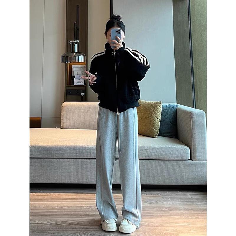 Gray Milk Silk High Waist and Thin Wide-leg Pants Women's Autumn and Winter New Cashmere Silk Casual Drawstring Floor Pants