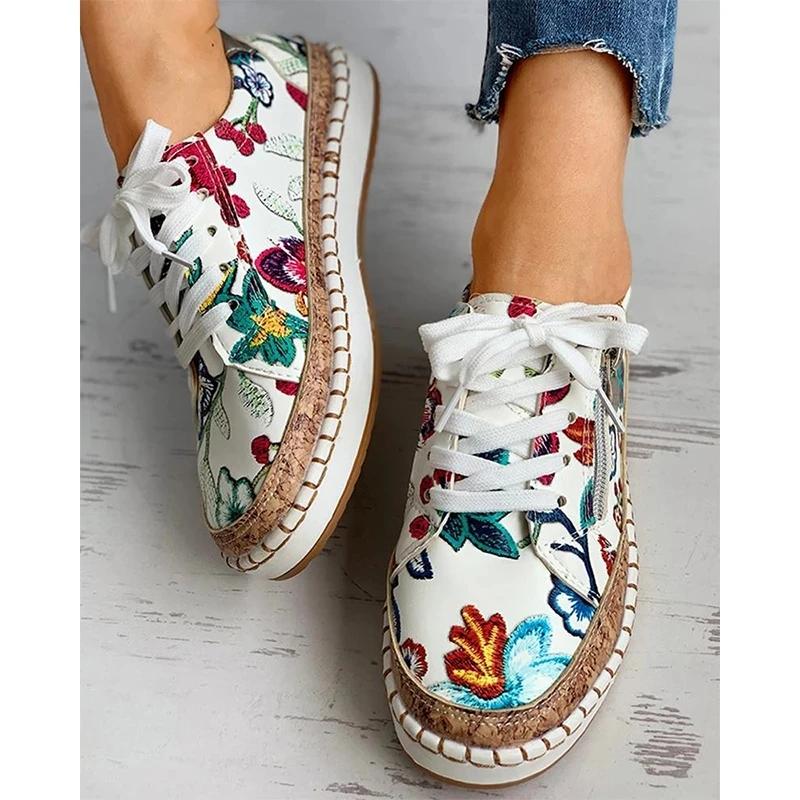 Women Sneakers Lady Vulcanized Shoes Elegant Floral Printed Lace-up Female Flats Skateboard Fashion Women Casual Footwear