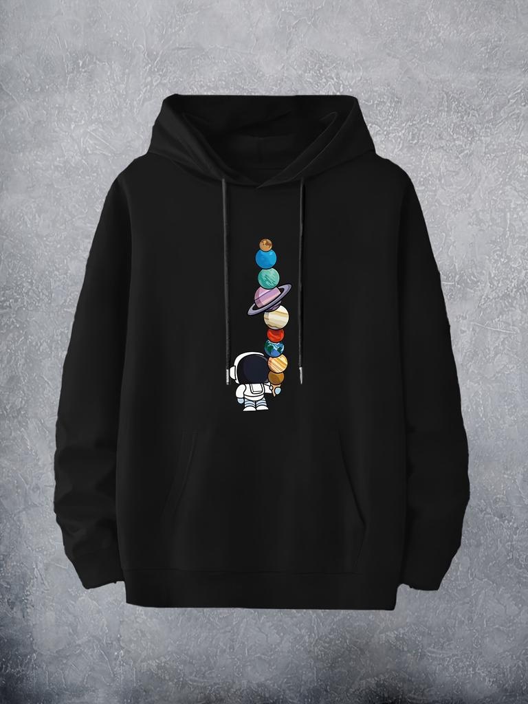 Men's Hoodie with Cartoon Astronaut and Planets Print - Beige, Hip-Hop Style, Machine Washable, Hoodie Astronaut