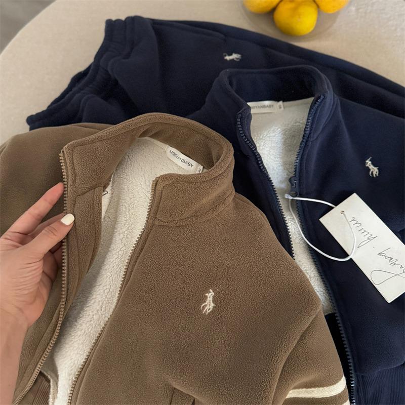 Комплект детской плюшевой куртки из флиса Ollie на осень/зиму 2024 - Теплый, модный, повседневный костюм-двойка для мальчиков и девочек
