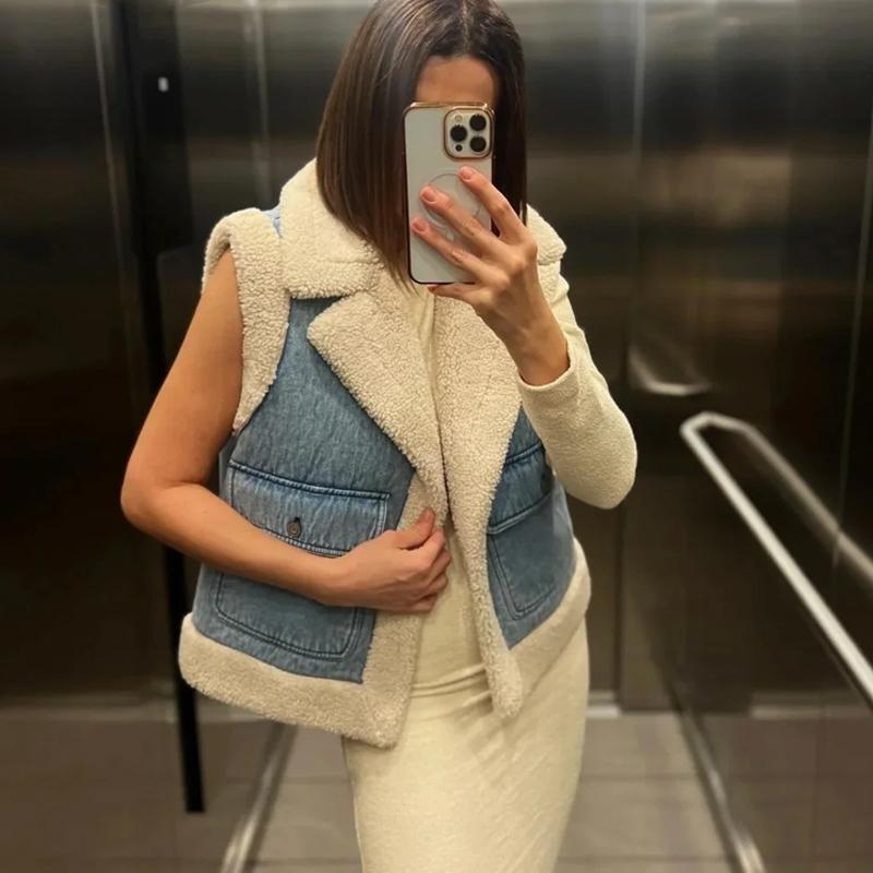 Winter Warm Waistcoat Jacket Women Thick Patchwork Female Vest Autumn Winter Lapel Fleece Pocket Sleeveless Lady Streetwear